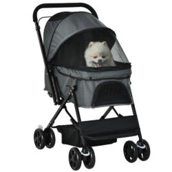 PawHut Foldable Pet Stroller, Dog Jogger with Reversible Handle, EVA Wheel, Brake, Basket, Adjustable Canopy, Safety Leash, Grey Aosom UK