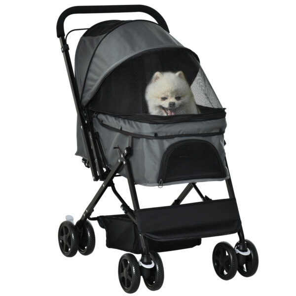 PawHut Foldable Pet Stroller, Dog Jogger with Reversible Handle, EVA Wheel, Brake, Basket, Adjustable Canopy, Safety Leash, Grey Aosom UK
