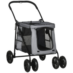 PawHut Foldable Pet Stroller One Click Dog Pushchair Cat Travel Carriage w/ EVA Wheels, Mesh Windows for Small Pets, Grey