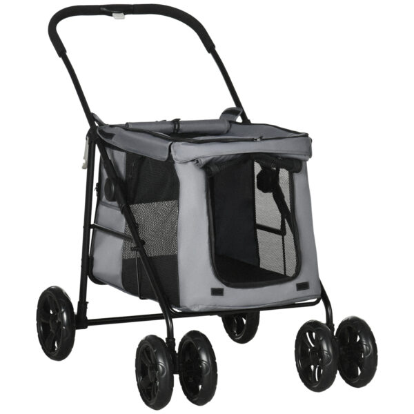 PawHut Foldable Pet Stroller One Click Dog Pushchair Cat Travel Carriage w/ EVA Wheels, Mesh Windows for Small Pets, Grey