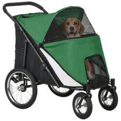 PawHut Foldable Pet Stroller with Washable Cushion, Storage Bags, Safety Leash for Medium and Large Dogs Cats Travel, Dark Green