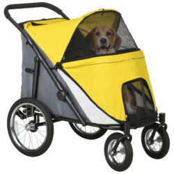PawHut Foldable Pet Stroller with Washable Cushion, Storage Bags, Safety Leash for Medium and Large Dogs Cats Travel, Yellow