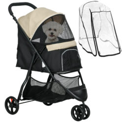 PawHut Lightweight Pet Buggy, Easy Storage, Ventilated with Weather Shield, Ideal for Extra Small to Small Dogs, Khaki Aosom UK
