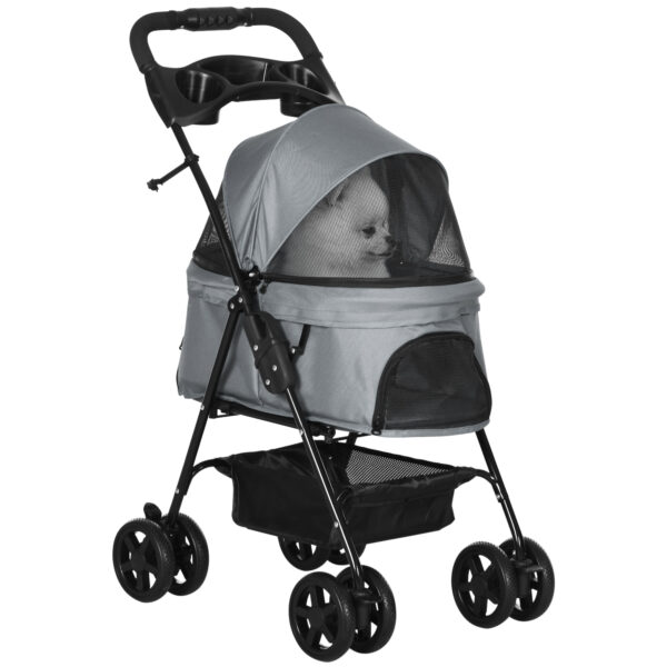PawHut No-Zip Pet Stroller Dog Cat Travel Pushchair One-Click Fold Trolley Jogger w/ EVA Wheels Brake Basket Adjustable Canopy, Grey Aosom UK