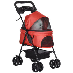 PawHut Pet Pram: No-Zip Foldable Trolley with EVA Wheels, Brake, Basket, Canopy & Leash, Crimson Red Aosom UK