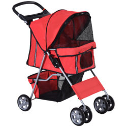 PawHut Pet Stroller, Dog Pram, Foldable Pushchair, Cat Travel Carriage with Wheels, Zipper Entry, for Small Pets, Red Aosom UK