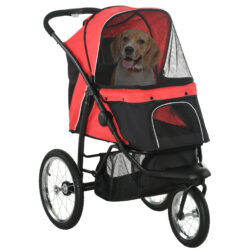 PawHut Pet Stroller Jogger for Medium, Small Dogs, Foldable Cat Pram Dog Pushchair w/ Adjustable Canopy, 3 Big Wheels - Red Aosom UK