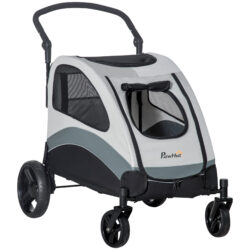 PawHut Pet Stroller for Medium Dogs Cat Pushchair Buggy Pram with 4 Wheels Safety Leash Zipper Doors Mesh Windows Storage Bag, Grey Aosom UK
