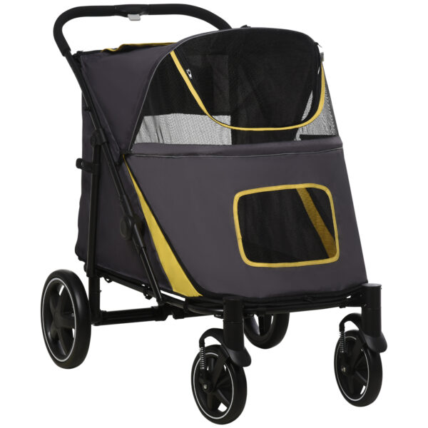 PawHut Pet Stroller w/ Universal Front Wheels, Shock Absorber, One Click Foldable Dog Cat Carriage w/ Brakes, Storage Bags, Mesh Window Aosom UK