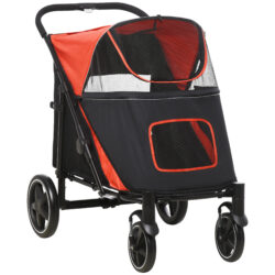 PawHut Pet Stroller with Universal Front Wheels, Shock Absorber, One Click Foldable Dog Cat Carriage with Brakes, Storage Bags, Red Aosom UK