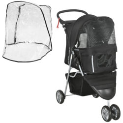 PawHut Pet Travel Stroller with Rain Cover, 3 Wheels Foldable Cat Dog Pushchair with Storage Basket and Cupholder, Black Aosom UK