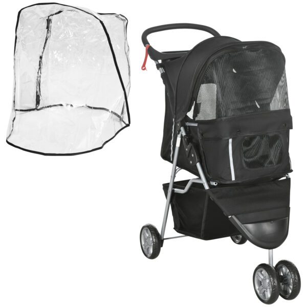 PawHut Pet Travel Stroller with Rain Cover, 3 Wheels Foldable Cat Dog Pushchair with Storage Basket and Cupholder, Black Aosom UK