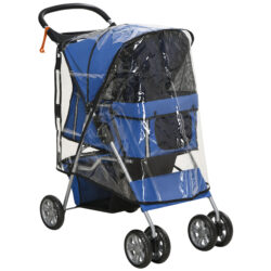 PawHut Small Dog Stroller, Lightweight, Folding, Rain Protection, Drink Holder, Basket, Safety Reflectors, Blue Aosom UK