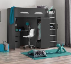 Pegasus - Single - Kids High Sleeper Bed - Anthracite Grey - Wood - 3ft - Happy Beds
