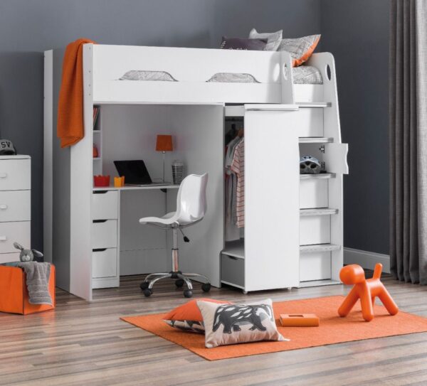 Pegasus - Single - Kids High Sleeper Bed - White and Silver - Wood - 3ft - Happy Beds