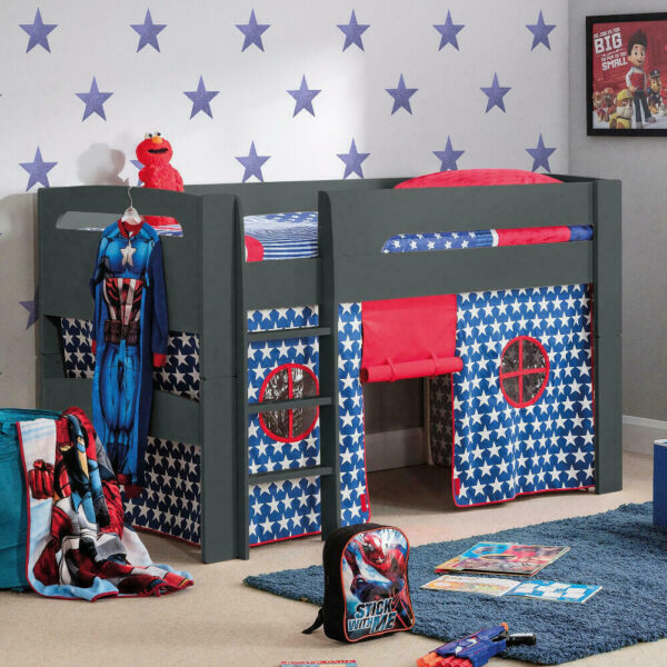 Pluto - Single - Kids Mid Sleeper Bed - Starry Blue Tent - Dark Grey - Wooden - 3ft - Happy Beds