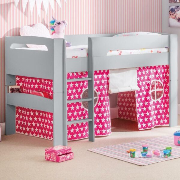 Pluto - Single - Kids Mid Sleeper Bed - Starry Pink Tent - Light Grey - Wood - 3ft - Happy Beds