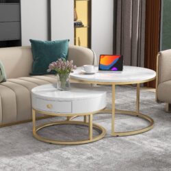 Round Nesting Coffee Tables with Drawer, Set of 2 with Storage, Gold Metal Frame and Marble Pattern Top for Living Room and Office, White Aosom UK