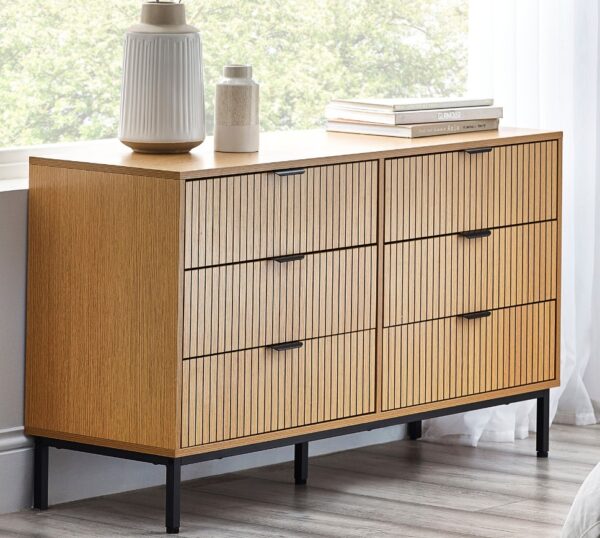 Sia - 6-Drawer Chest of Drawers - Oak/Black - Wood/Metal - Happy Beds