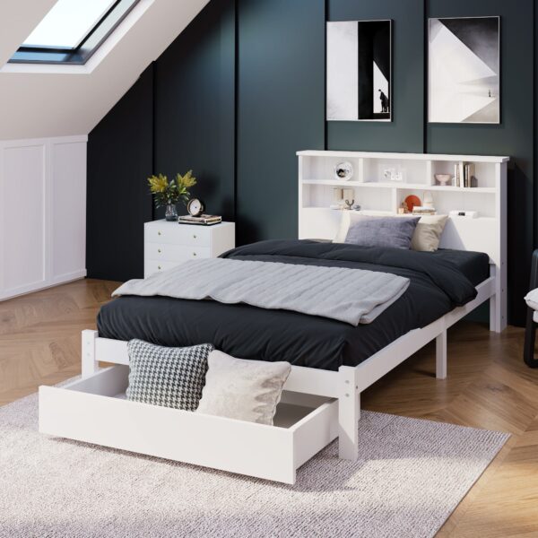 Single Wooden Storage Bed with Built-in Shelves, Underbed Drawer, Single Bed with Storage, for Kids, Teenagers, 208x100x93 cm, White Aosom UK
