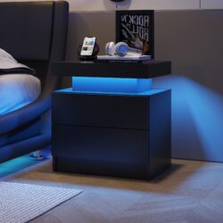 Space-Saving Nightstand with Adjustable LED Lights, 2 Drawers, Modern Bedside Table for Bedroom, Living Room, 49L x 35W x 52H cm, Black Aosom.UK