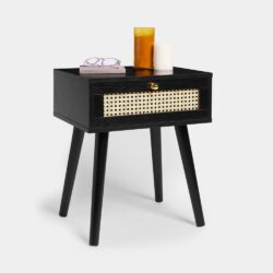Spinningfield Black Side Table, 1 Storage Drawer End Table, Bedside Table & Nightstand, Art Deco Cane Front Sofa & Drinks Table - Bedroom, Lounge