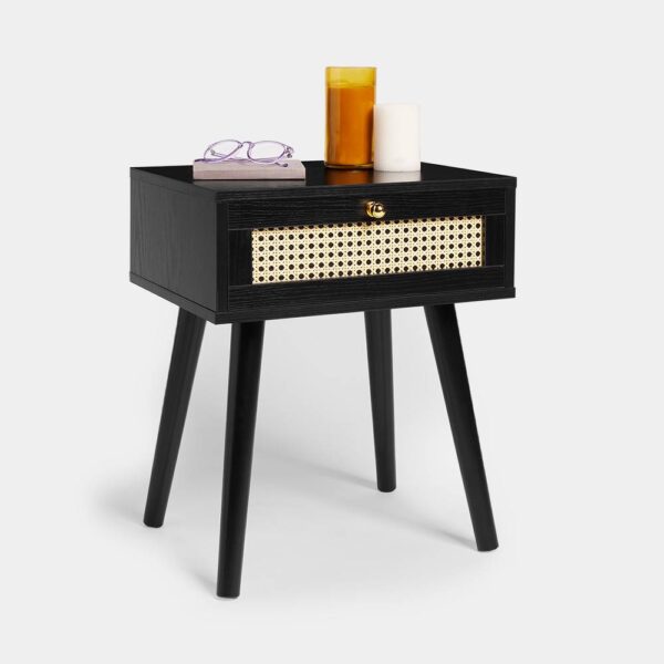 Spinningfield Black Side Table, 1 Storage Drawer End Table, Bedside Table & Nightstand, Art Deco Cane Front Sofa & Drinks Table - Bedroom, Lounge