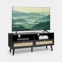 Spinningfield Black TV Unit - Cane TV Stand Cabinet for TVs up to 55" - Art Deco TV Entertainment Unit with 2 Storage Drawers & 2 Open Shelves