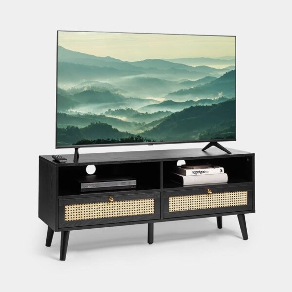 Spinningfield Black TV Unit - Cane TV Stand Cabinet for TVs up to 55" - Art Deco TV Entertainment Unit with 2 Storage Drawers & 2 Open Shelves