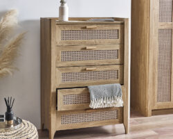 Sydney - Rattan Tall 5 Drawer Chest of Drawers - Oak - Wooden - Happy Beds