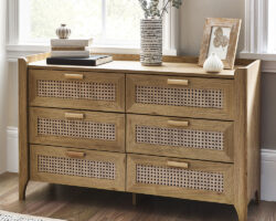 Sydney - Rattan Wide 6 Drawer Chest of Drawers - Oak - Wooden - Happy Beds