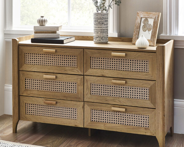 Sydney - Rattan Wide 6 Drawer Chest of Drawers - Oak - Wooden - Happy Beds