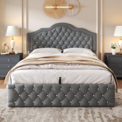 Upholstered Double Bed with Hydraulic Lift Storage, Diamond-Textured Velvet, Iron Bed Frame for Bedroom, 198.5L x 146W x 116H cm, Gray Aosom.UK