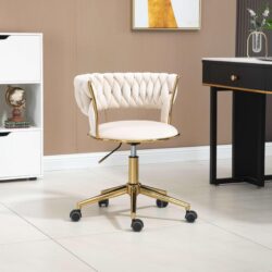 Velvet 360° Swivel Computer Chair with Hand-Woven Backrest, Wheels, Adjustable Height, Home Office Desk Chair Ergonomic, 62x62x77 cm, Ivory Aosom.UK