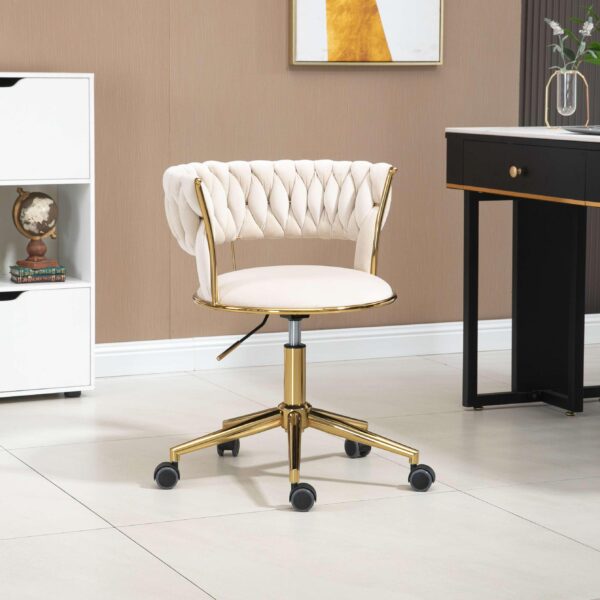 Velvet 360° Swivel Computer Chair with Hand-Woven Backrest, Wheels, Adjustable Height, Home Office Desk Chair Ergonomic, 62x62x77 cm, Ivory Aosom.UK