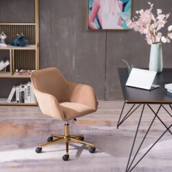Velvet Adjustable Height Swivel Executive Office Chair with Gold Legs, Ergonomic Backrest, Sewing Chair with Side Arms, 58x58x86 cm, Coffee Aosom UK