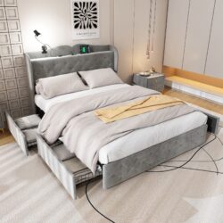 Velvet Fabric Double Bed with Drawers, Adjustable Lamp and USB Ports, Upholstered Bed Frame with Wooden Slats, 206.5L x 142W x 109H cm, Gray Aosom.UK