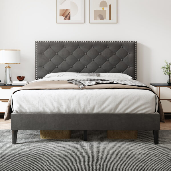 Velvet Upholstered Bed Frame with Adjustable Button-Tufted Headboard, Double Size Bed Frame for Bedroom, 193L x 141W x 110H cm, Grey Aosom.UK