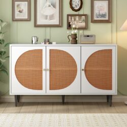 Versatile Rattan Kitchen Sideboard with 3 Doors and Metal Handles, Cupboard with Storage for Hallway, Office, 130L x 40W x 76H cm, White Aosom.UK