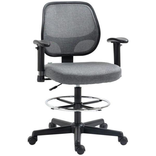 Vinsetto Drafting Chair, Draughtsman Chair, Tall Office Chair w/ Adjustable Footrest Ring, Arm, Swivel Wheels for Standing Desk, Grey Aosom UK
