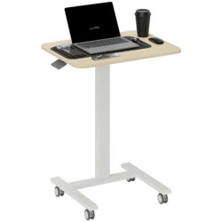 Vinsetto Movable Standing Desk, Height Adjustable Sit Stand Desk with Hand Crank and 4 Rolling Wheels for Home Office, Natural Wood Finish