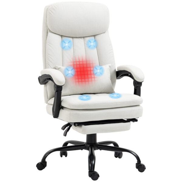 Vinsetto Vibration Massage Office Chair w/ Heat, Microfibre Computer Chair w/ Footrest, Lumbar Support Pillow, Armrest, Reclining Back, Cream White