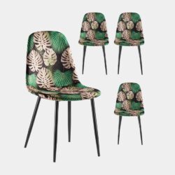 VonHaus Dining Chairs Set of 4 - Tropical Palm Leaf Print Kitchen Chairs with Black Metal Legs - Upholstered Cord Effect Chairs for Dining & Kitchen