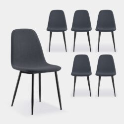 VonHaus Dining Chairs Set of 6 - Charcoal Blue Kitchen Chairs with Black Metal Legs - Upholstered Cord Effect Chairs for Dining Room & Kitchen