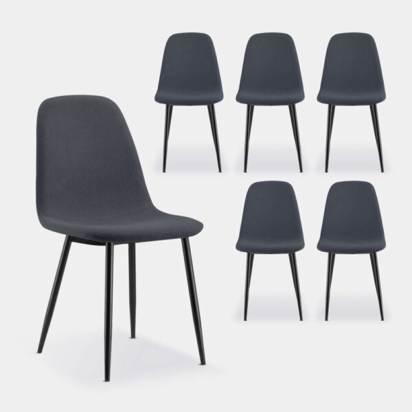 VonHaus Dining Chairs Set of 6 - Charcoal Blue Kitchen Chairs with Black Metal Legs - Upholstered Cord Effect Chairs for Dining Room & Kitchen