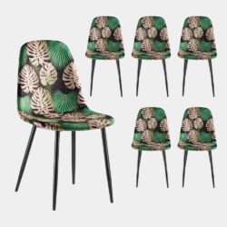 VonHaus Dining Chairs Set of 6 - Tropical Palm Leaf Print Kitchen Chairs with Black Metal Legs - Upholstered Cord Effect Chairs for Dining & Kitchen