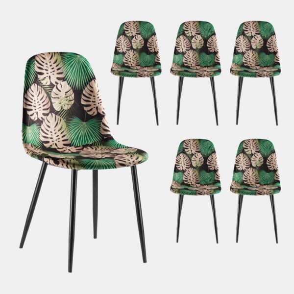 VonHaus Dining Chairs Set of 6 - Tropical Palm Leaf Print Kitchen Chairs with Black Metal Legs - Upholstered Cord Effect Chairs for Dining & Kitchen