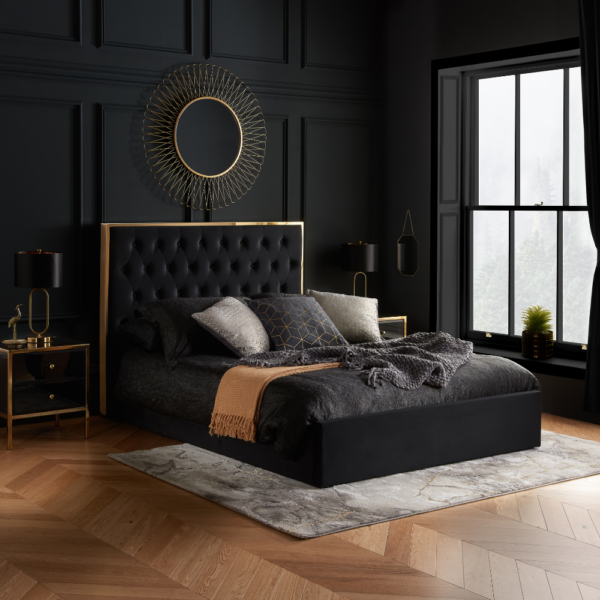 Walton - Double - Ottoman Storage Bed Frame - Black/Gold - Velvet - 4ft6 - Happy Beds