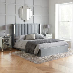 Wilmslow - Double - Ottoman Storage Winged Bed Frame - Grey/Silver - Velvet - 4ft6 - Happy Beds