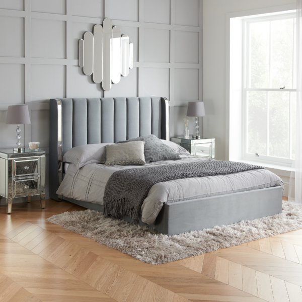 Wilmslow - Double - Ottoman Storage Winged Bed Frame - Grey/Silver - Velvet - 4ft6 - Happy Beds